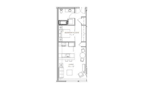 Floor plan for 1 bed, 1 bath, 673 sqft